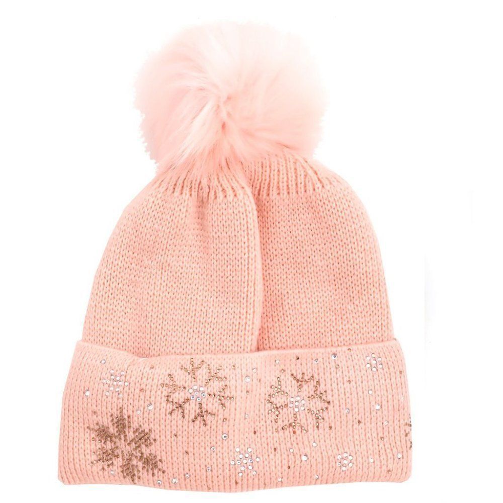 Pink Fleece Lined Bling Chunky Pom Pom Warm Winter Beanie Slouchy Winter Hat